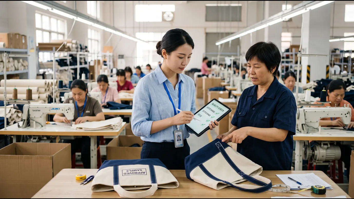 Operations team member checking a production tote bag against the approved sample on a factory floor in China